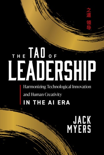 Book cover of 'The Tao of Leadership' by Jack Myers with gold circular designs on a black background.