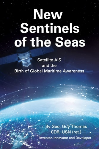 Book cover of 'New Sentinels of the Seas' with a satellite and Earth illustration.