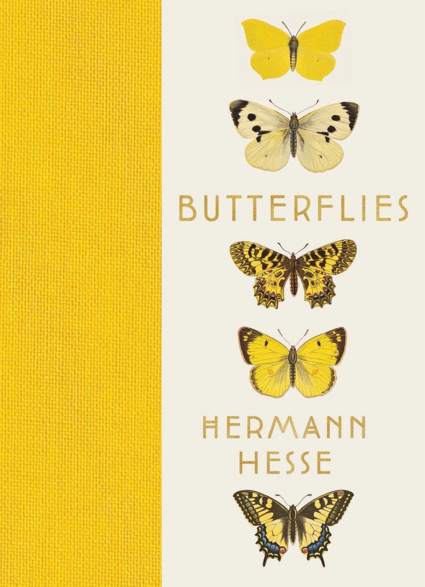 Book cover of 'Butterflies' by Hermann Hesse with illustrations of butterflies on a yellow and white background.