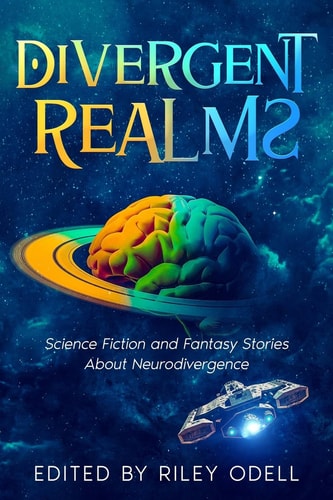 Book cover of 'Divergent Realms' with a brain and spaceship design against a space-themed background.