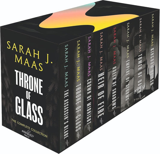Box set of 'Throne of Glass' series by Sarah J. Maas with black and yellow design.