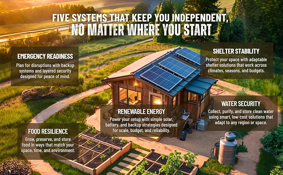 Self-sufficient living system with cabin, solar panels, and garden, featuring text on five independent living systems.