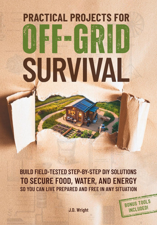 Book cover of 'Practical Projects for Off-Grid Survival' with a cardboard background and image of a cabin.