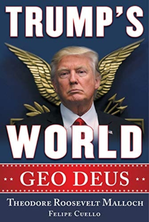 Book cover of 'Trump's World' with a portrait of a person and gold wings on a blue background.