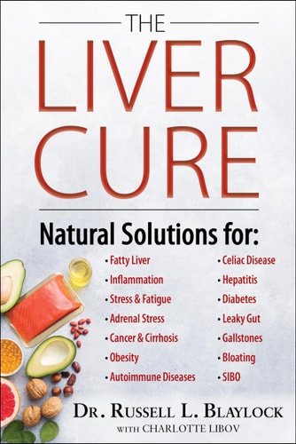 Book cover of 'The Liver Cure' by Dr. Russell L. Blaylock with a list of health conditions it addresses.
