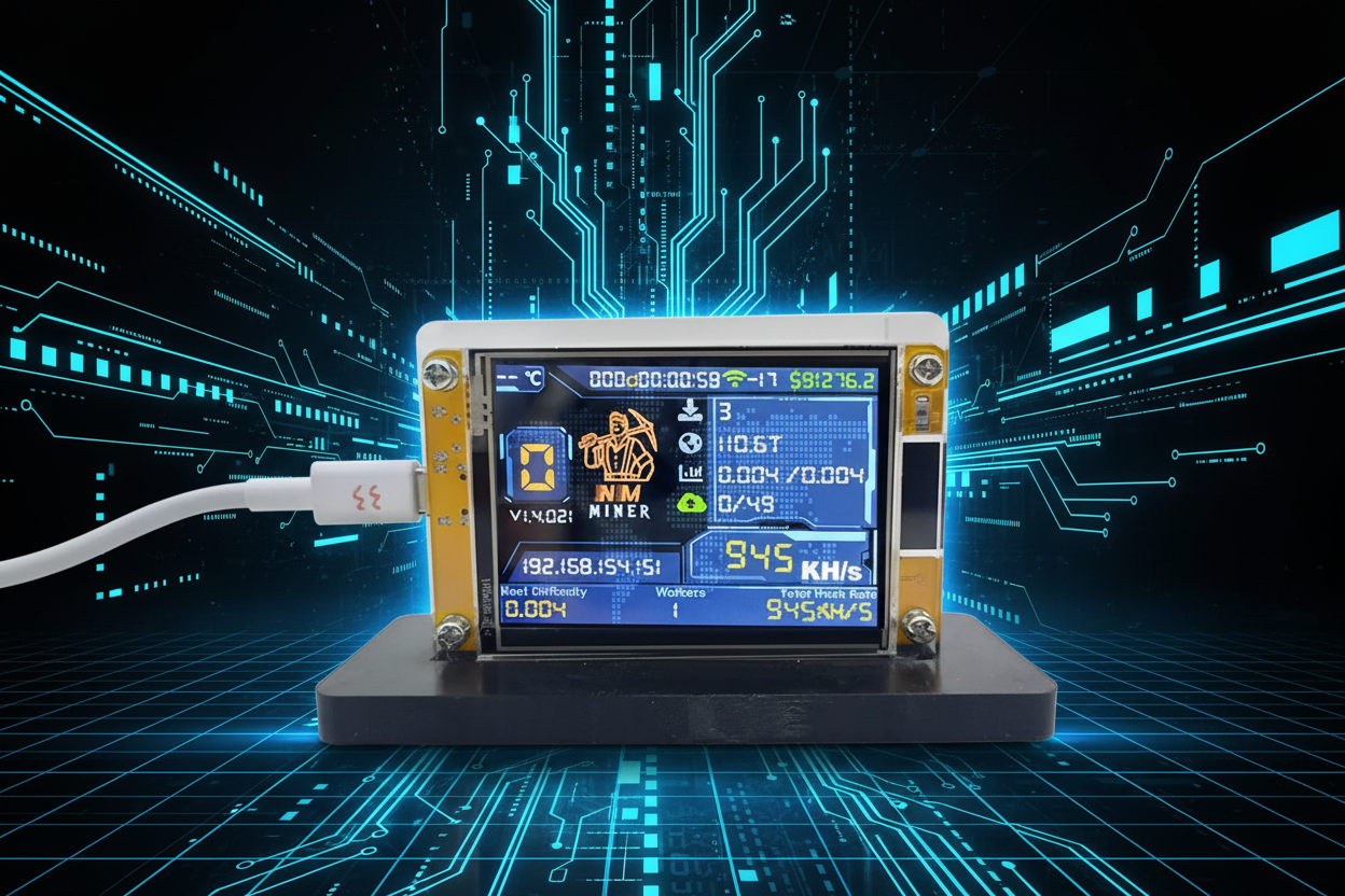 950KH/s NMMiner Bitcoin Solo Miner with 2.8-inch smart display and bracket with digital background.