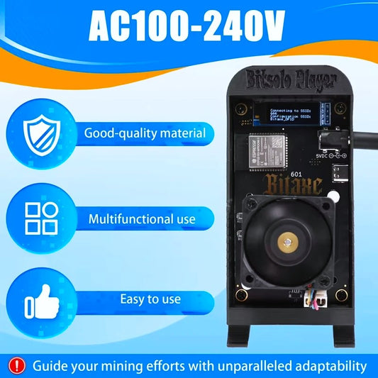 Bitaxe Bitcoin Miner BitSolo Gamma 601 | 1.2TH/S BM1370 18W ASIC S21 Miners on display from face forward pov with features outlined regarding power, quality, functionality, and easability for setup and plug and play operation. 