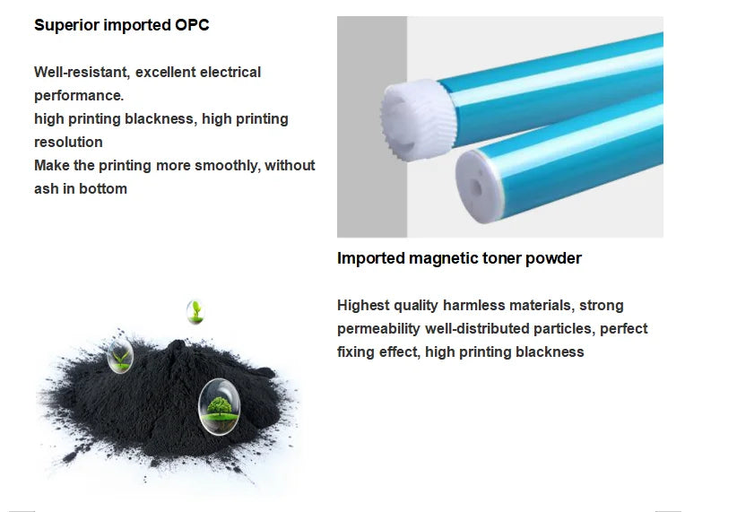 Advertisement for imported OPC and magnetic toner powder with product images and text on a white background.