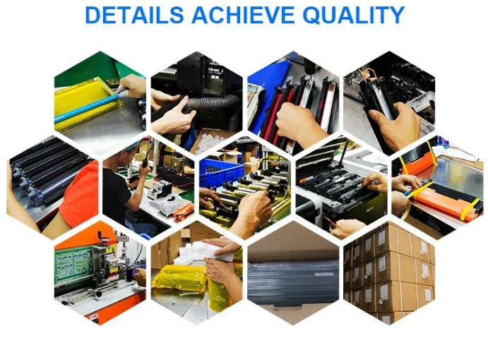 Collage of various printing activities with the text 'DETAILS ACHIEVE QUALITY' on a white background.