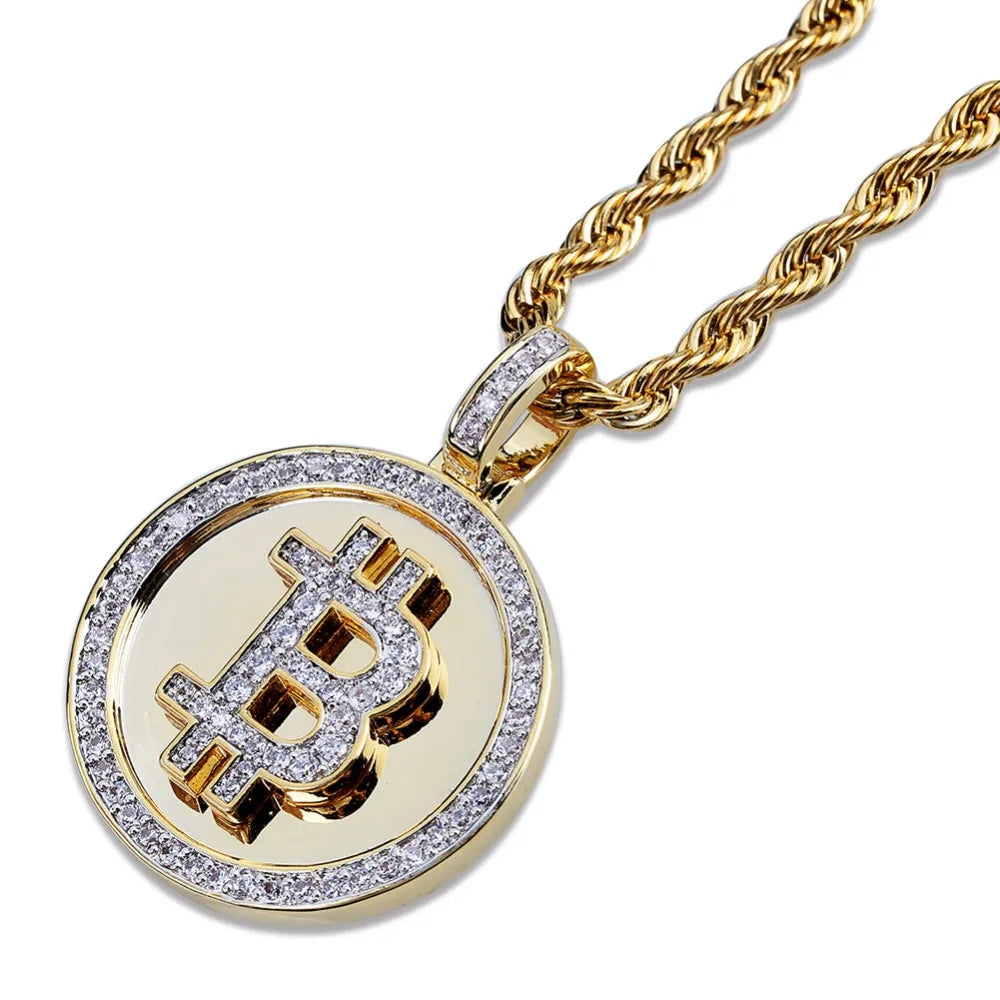 Gold necklace with Bitcoin symbol pendant on a white background