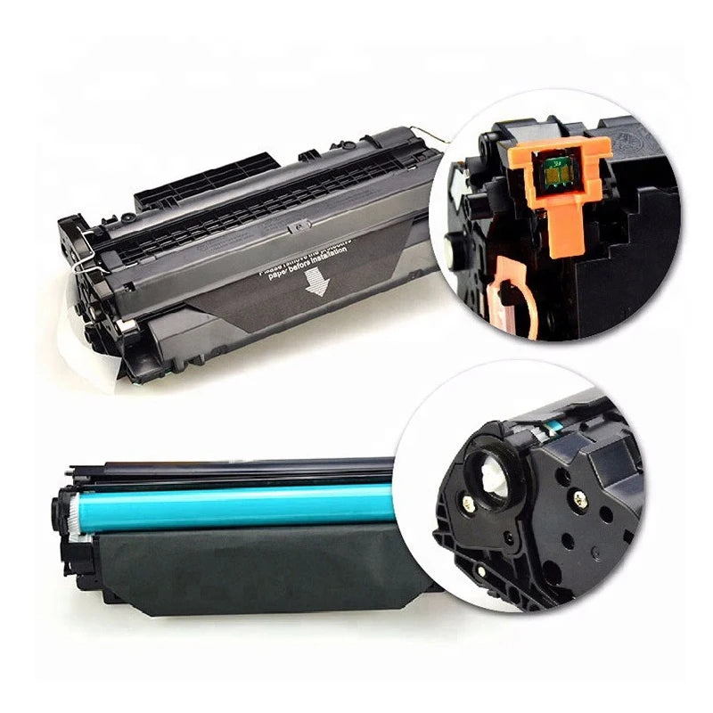 Two toner cartridges with close-up insets on a white background