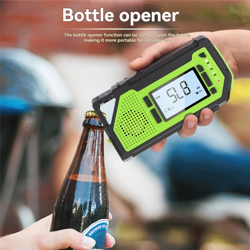 Hand holding a green and black portable bottle opener flashlight with a digital display, using it to open a bottle.