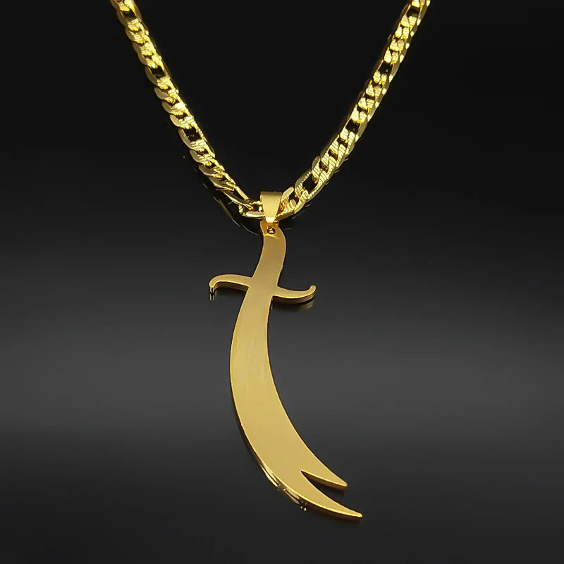 Gold swooping saber sword pendant on a chain against a black background.