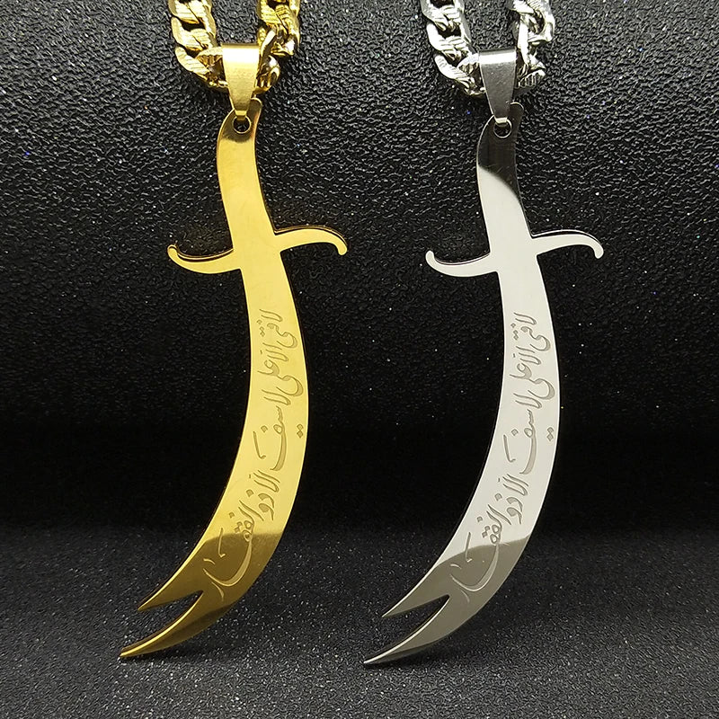 Gold and silver dagger-shaped pendants on black background