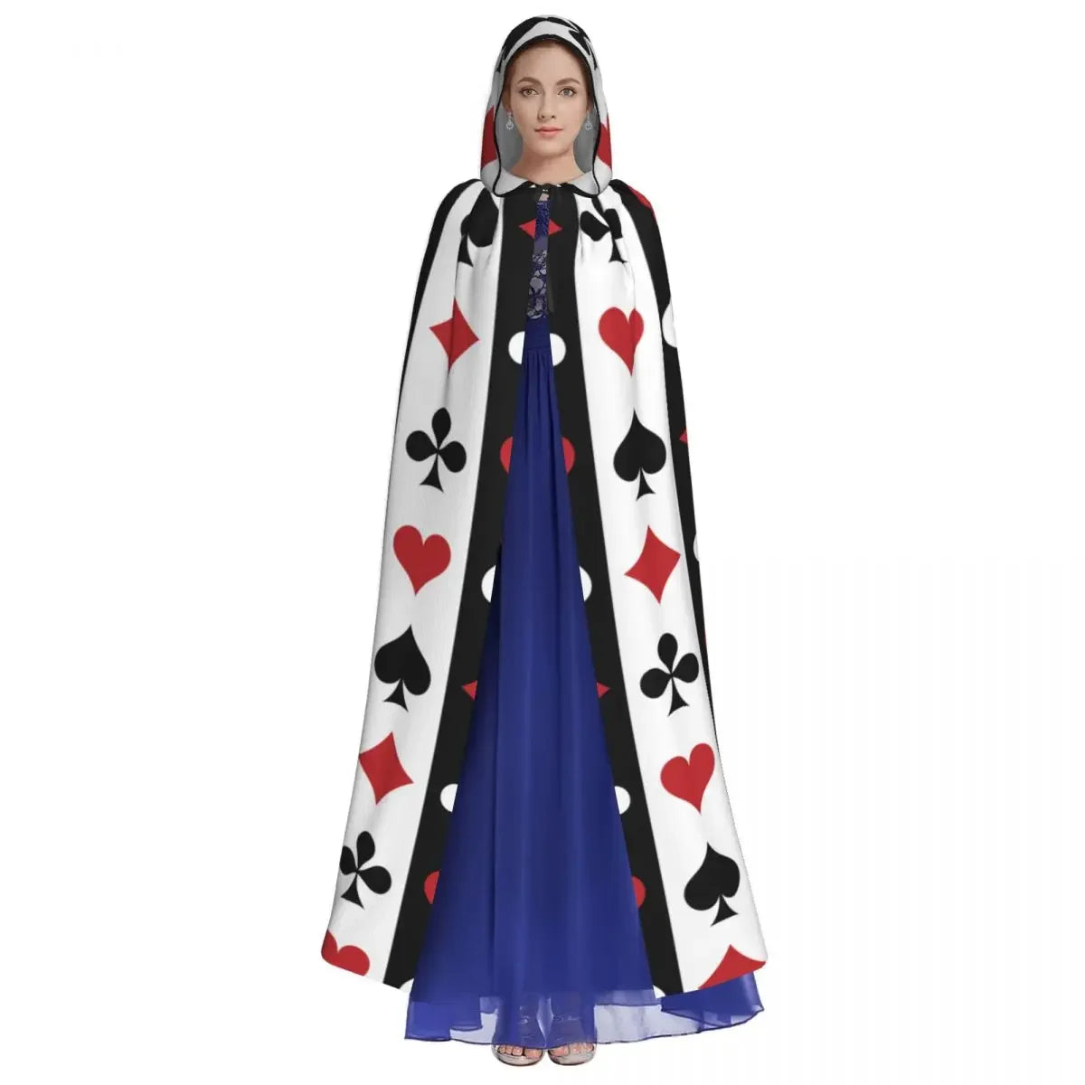 Person wearing a blue dress with a card-themed cape on a white background