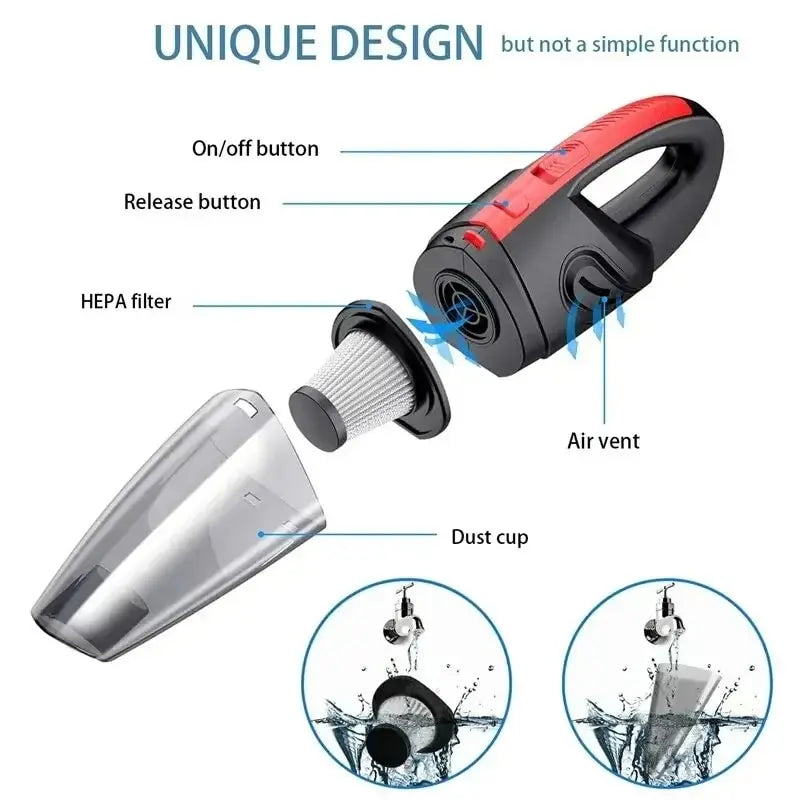 Diagram of a handheld vacuum cleaner with labeled parts on a white background