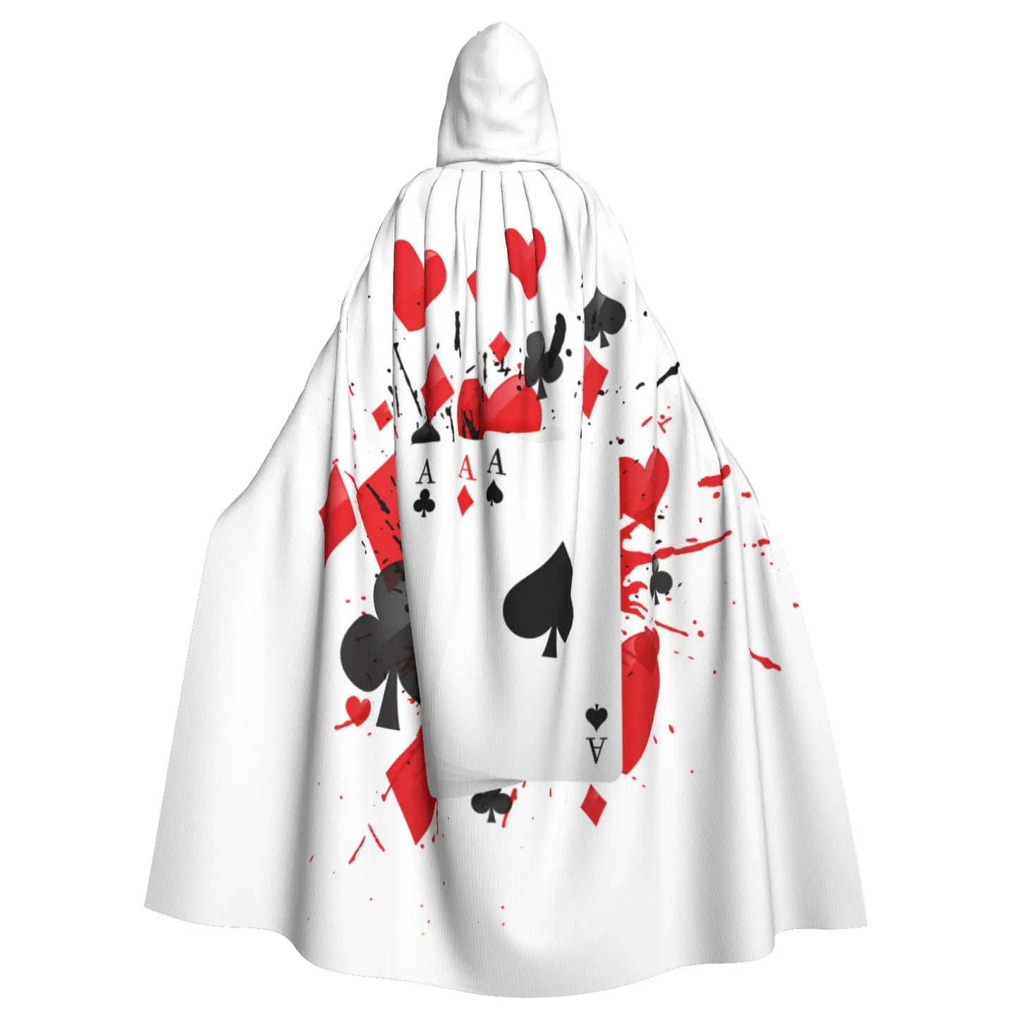 White hooded cloak with playing card design on a white background