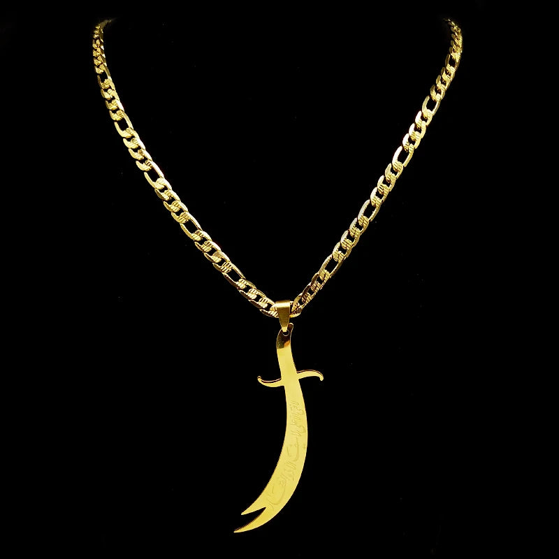 Gold necklace with a unique pendant on a black background