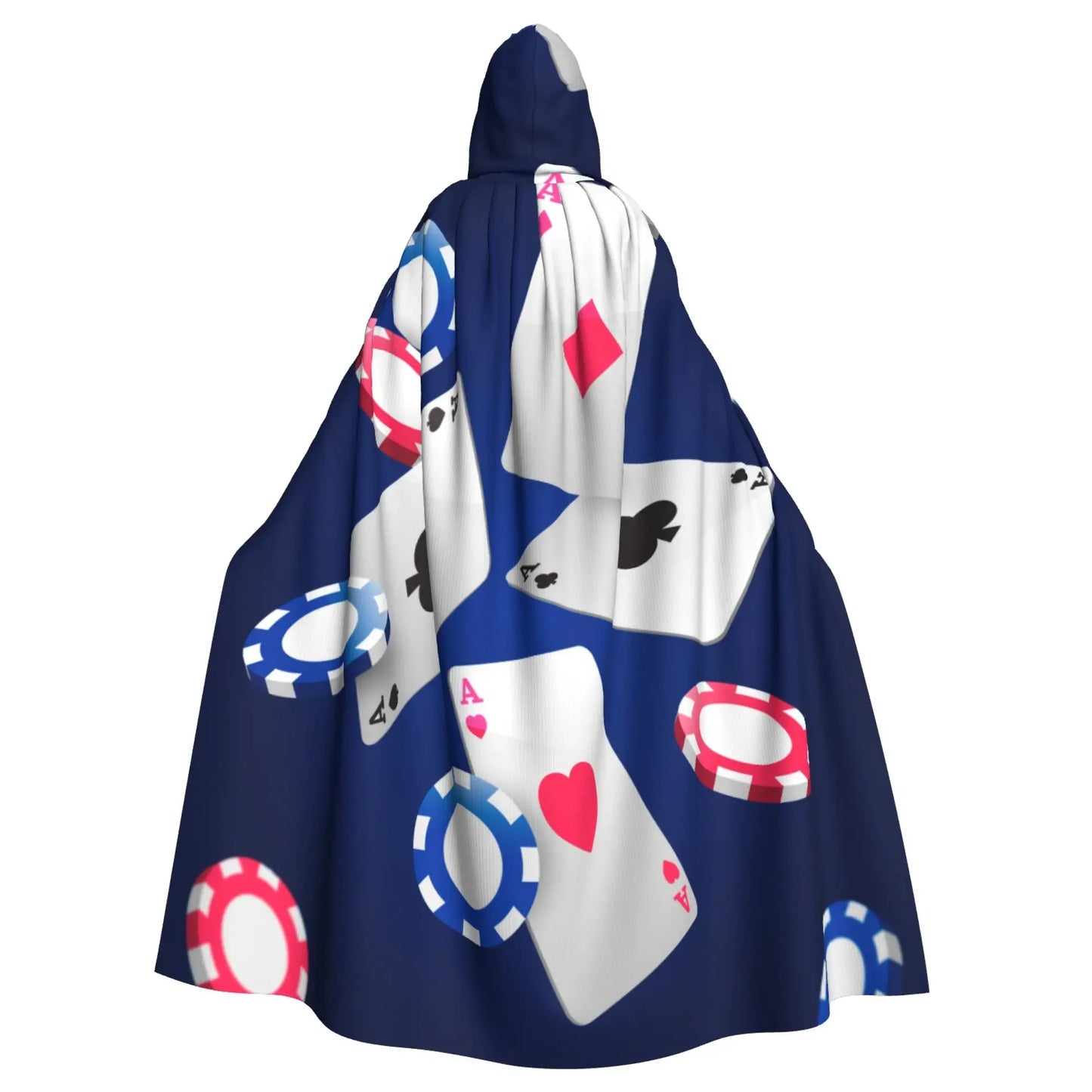 Navy blue cloak with card and poker chip designs on a white background
