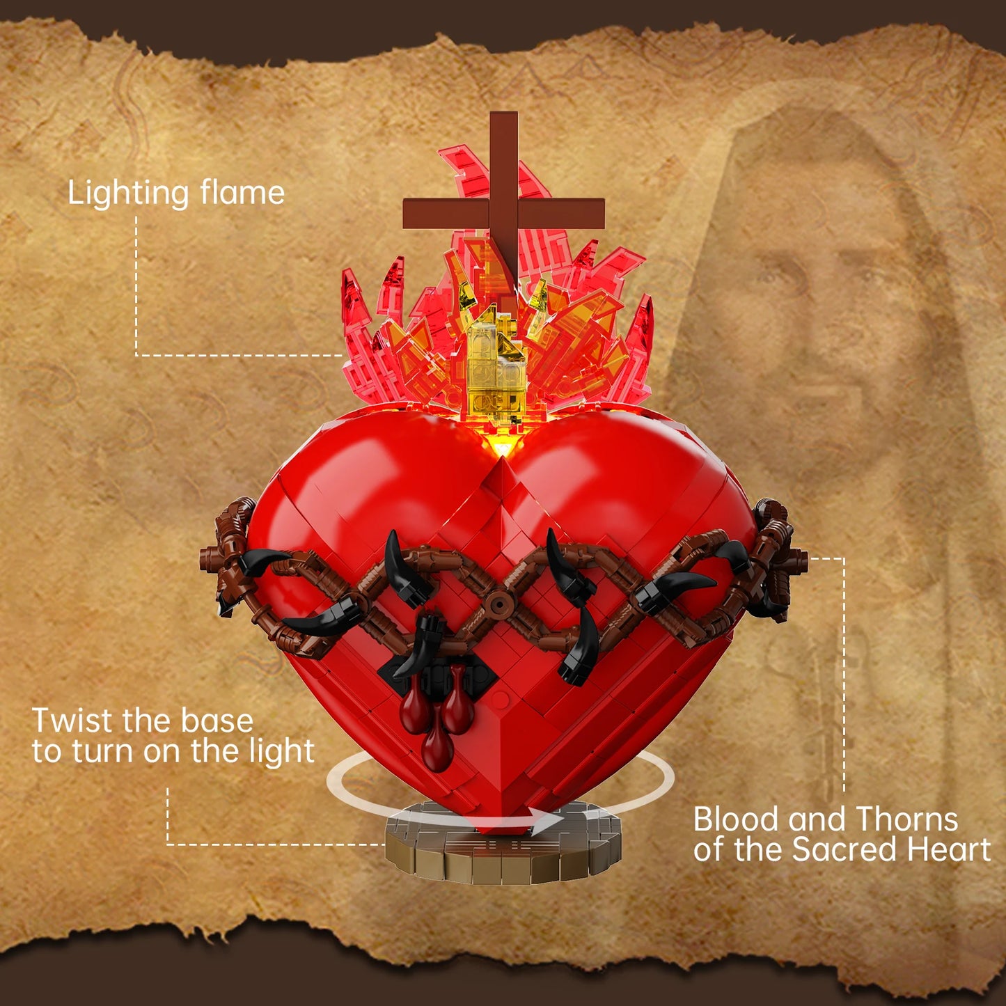 Sacred Heart of Jesus Building Block Puzzle & LED Home Decoration | Family Bonding & Christian Gifts