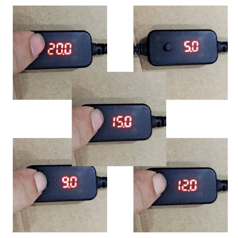 Collage of a digital voltage meter displaying different readings on a cardboard background.