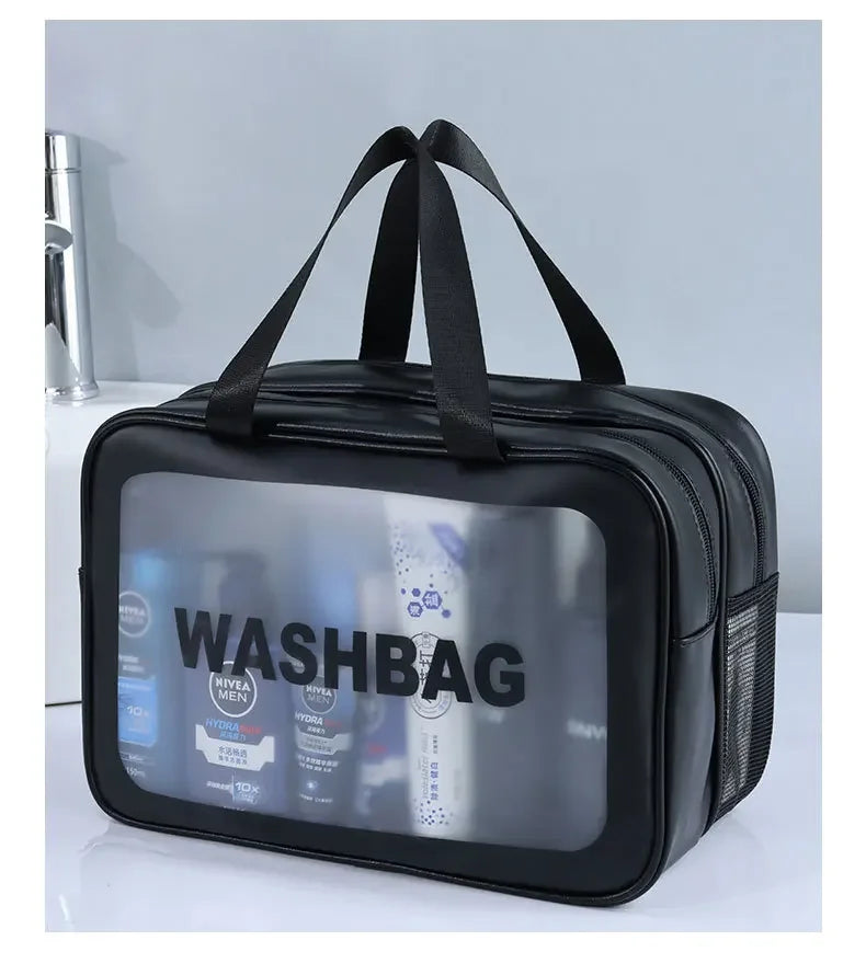 Black washbag with visible brand names on a light background