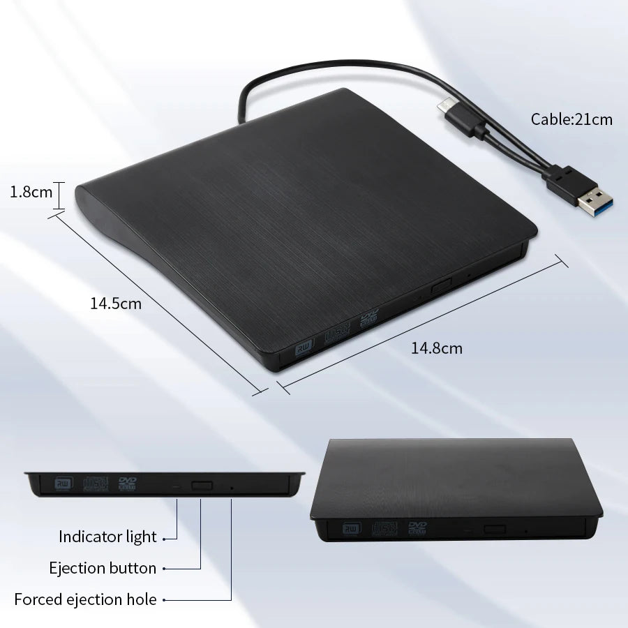 Portable External DVD-RW Drive Burner & Reader | Sleek Lightweight Design