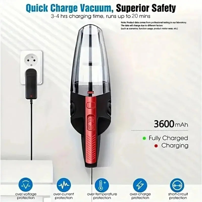 Red and black vacuum cleaner with charging cable on a white background, featuring text about quick charge time and safety features.