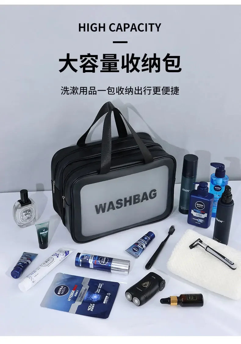 Black washbag with travel items on a white background