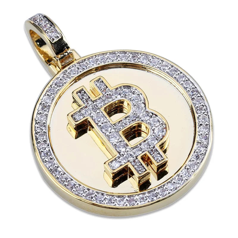 Iced Out Bitcoin Bust-Down Pendant | Gold-Colored Rope Chain