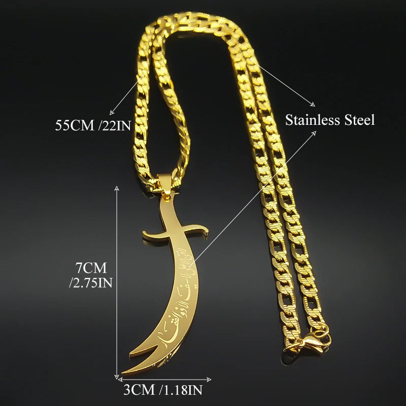 Gold necklace with dagger pendant and measurements on a black background