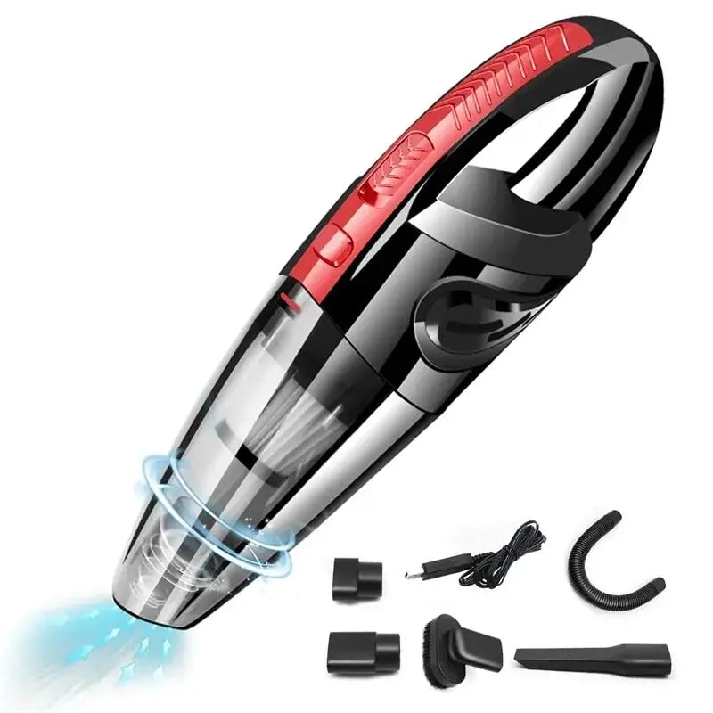 Handheld vacuum cleaner with attachments on a white background
