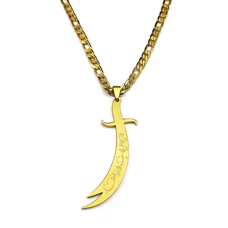 Gold necklace with a sword-shaped pendant on a white background
