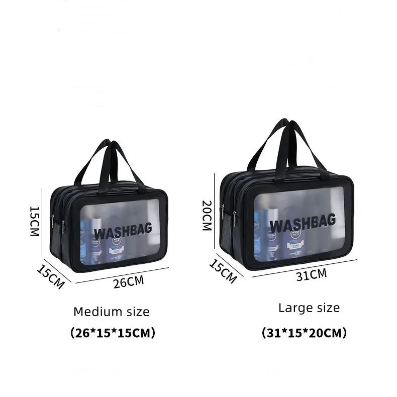 Two black washbags with clear panels showing toiletries, labeled 'Medium' and 'Large', with dimensions displayed.