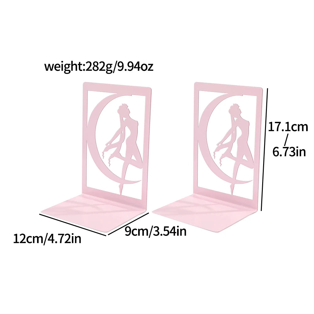 Pink bookends with measurements and weight information on a white background