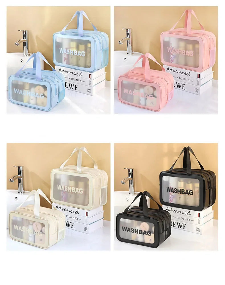 Transparent wash bags in various colors on a white background