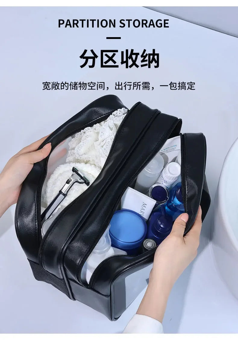 Black toiletry bag with travel items on a light gray background