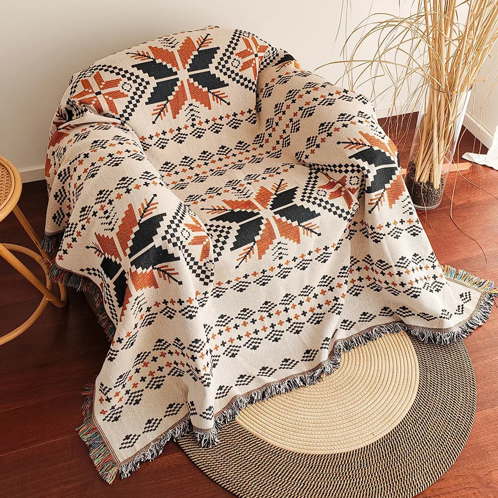 Oversized Aztec & Mayan Boho Throw Blanket - Vintage Geometric Tapestry