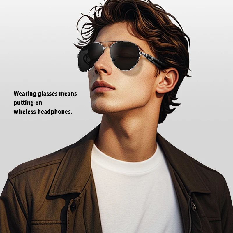 Man wearing smart aviator sunglasses with an informative text overlay on a plain background