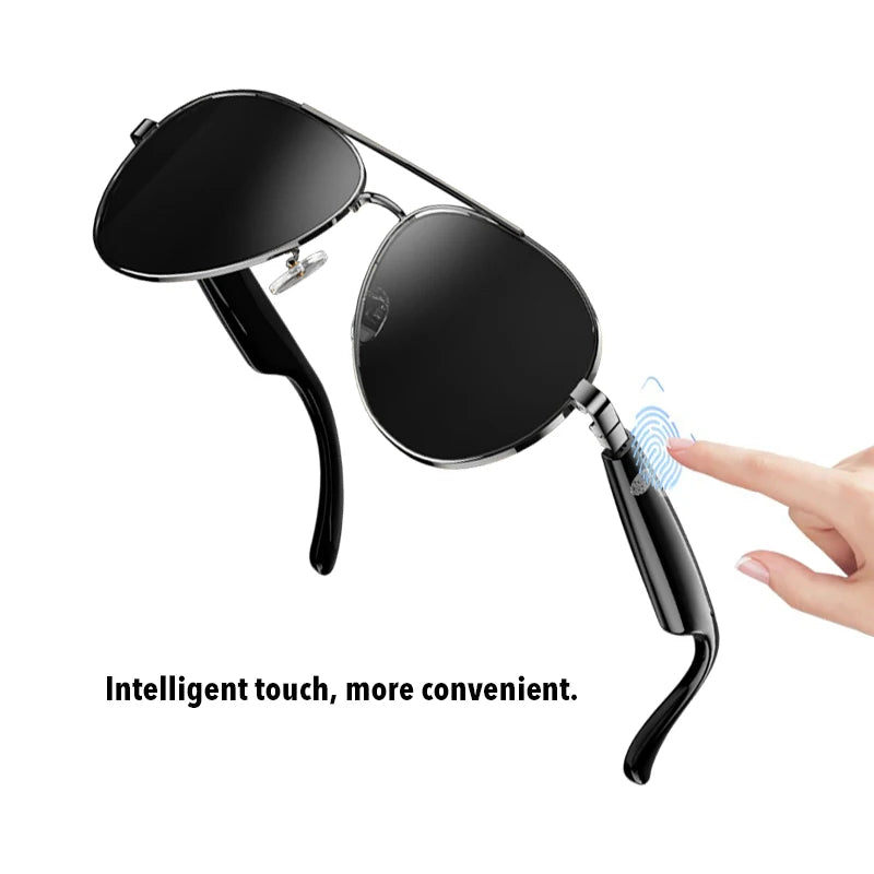 Sunglasses with a touch-sensitive arm being interacted with on a white background