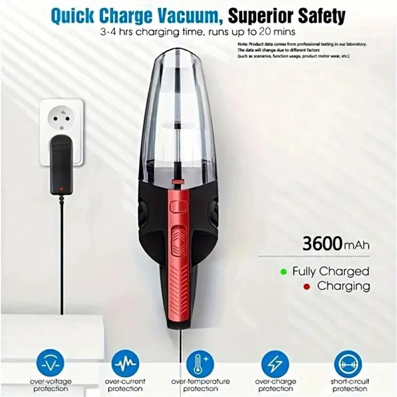 Red and black handheld vacuum cleaner with charging cable on a white background, featuring text about quick charge time and safety features.