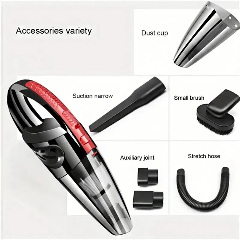 Collection of car vacuum cleaner accessories including dust cup, suction narrow, small brush, auxiliary joint, and stretch hose.