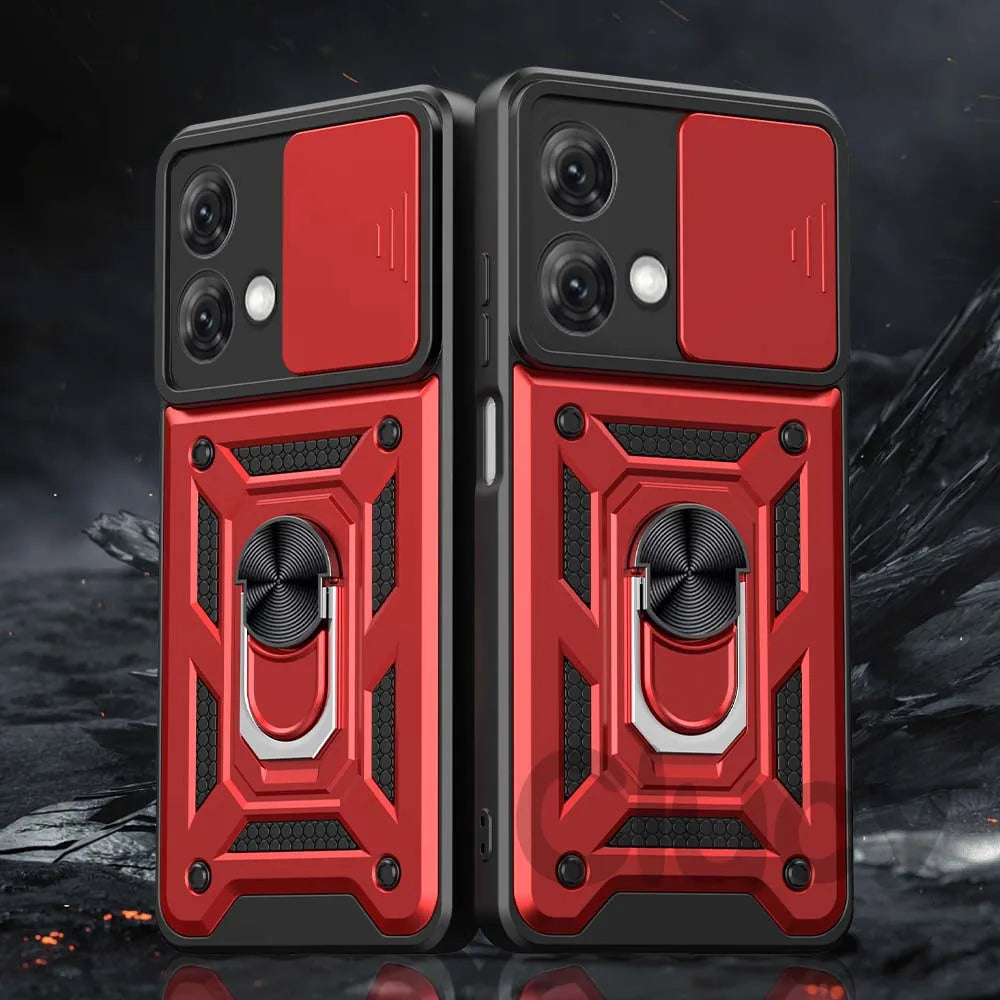Red and black phone case with a ring holder on a dark background
