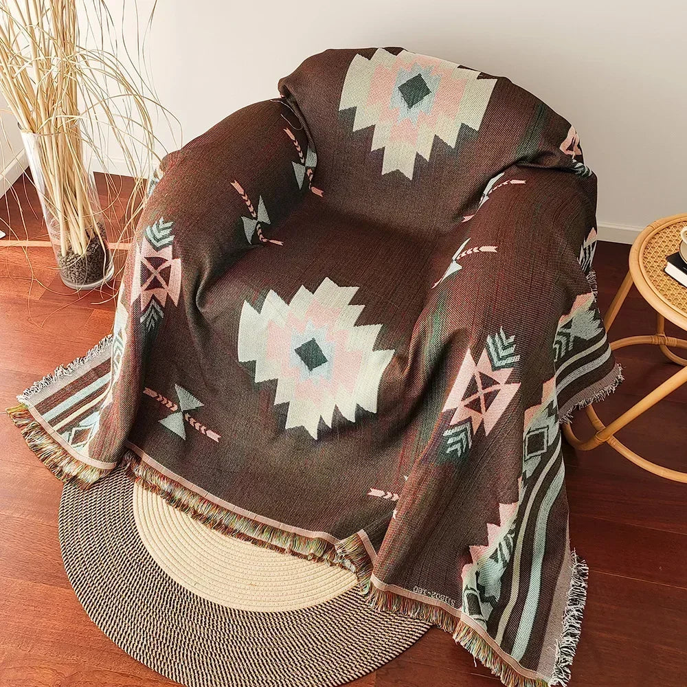Oversized Aztec & Mayan Boho Throw Blanket - Vintage Geometric Tapestry