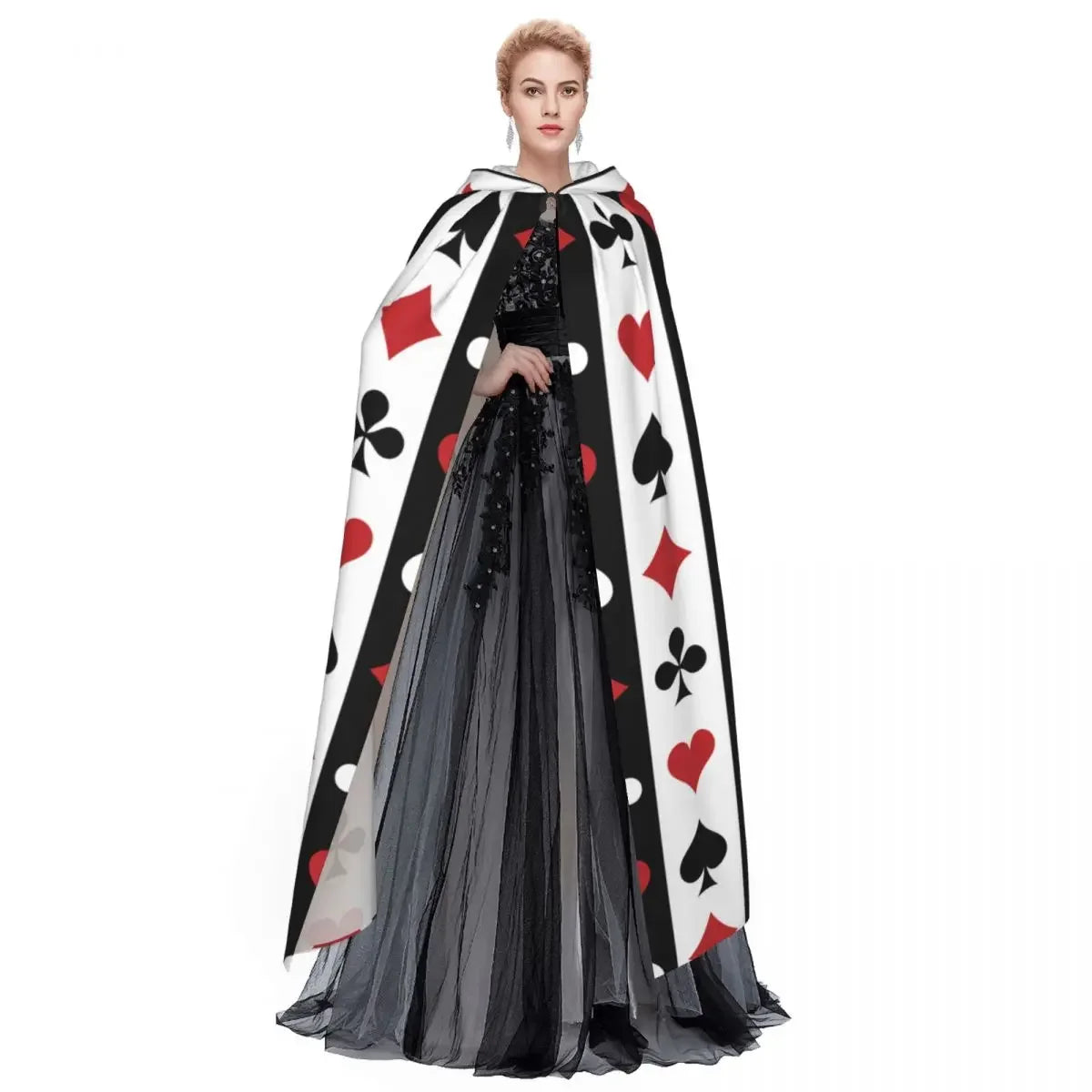 Person wearing a black, white, and red card-themed cape cloak on a white background