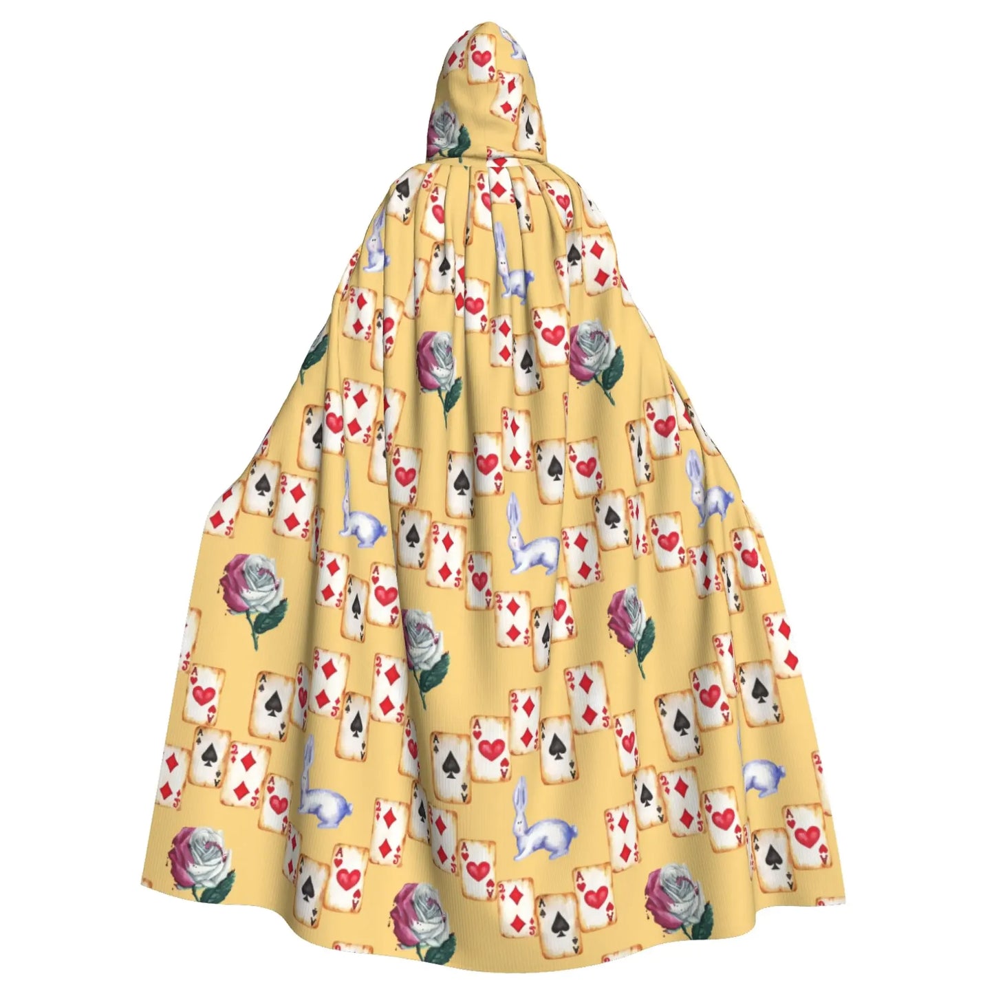 Yellow hooded blanket with playing card and animal pattern on a white background