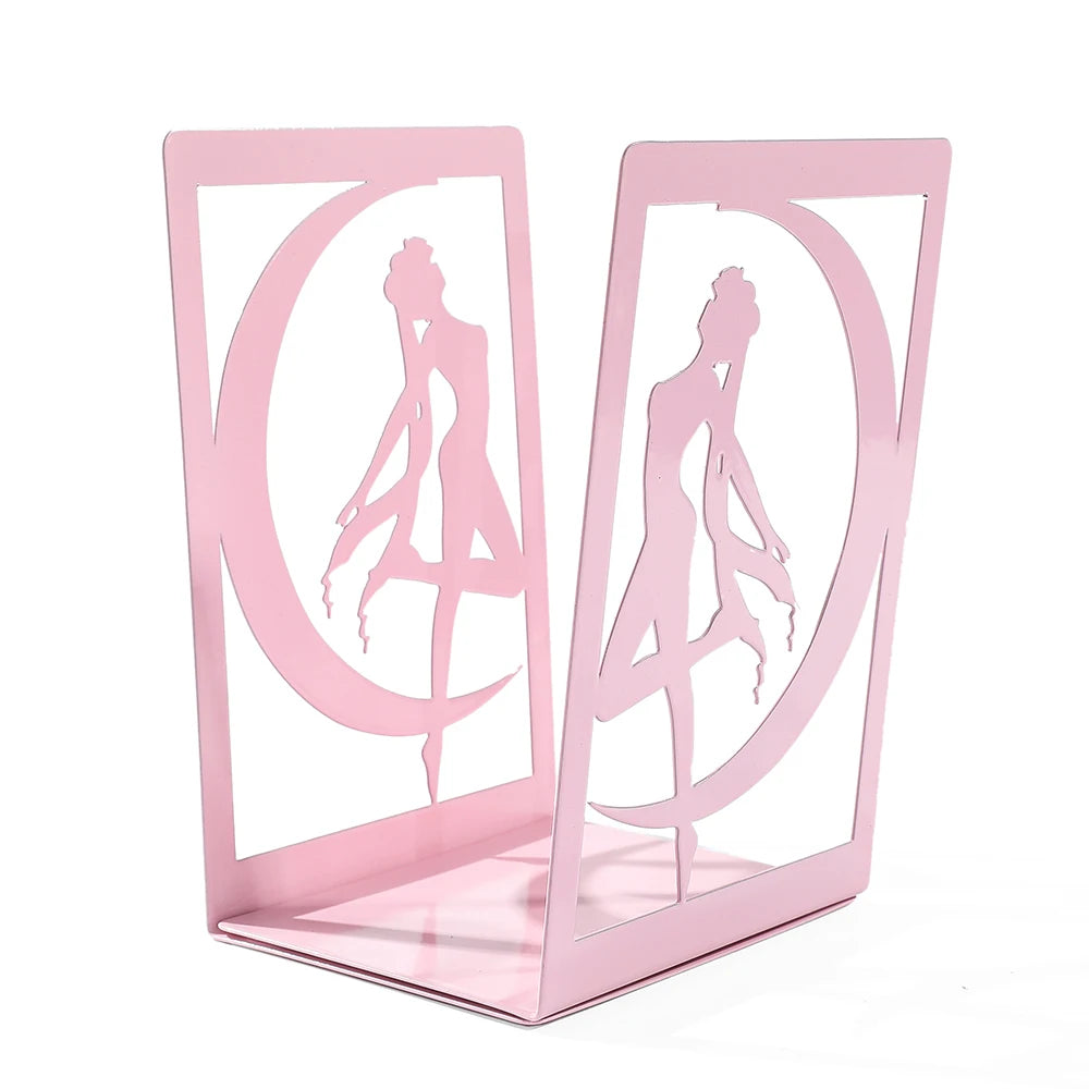 Pink metal bookends with silhouettes of a girl and a boy on a white background
