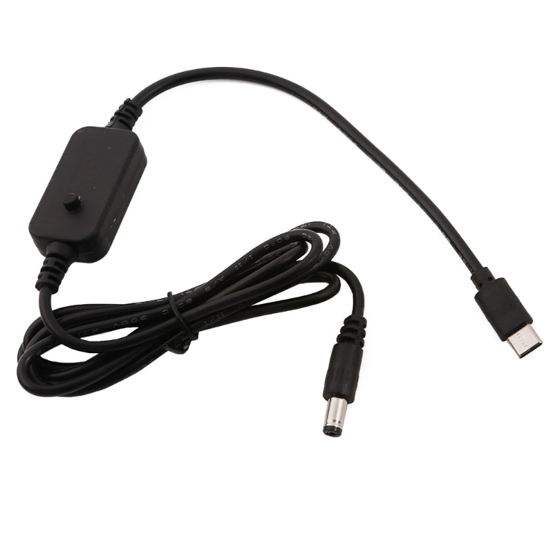 Black power adapter cable with USB-C connector on a white background
