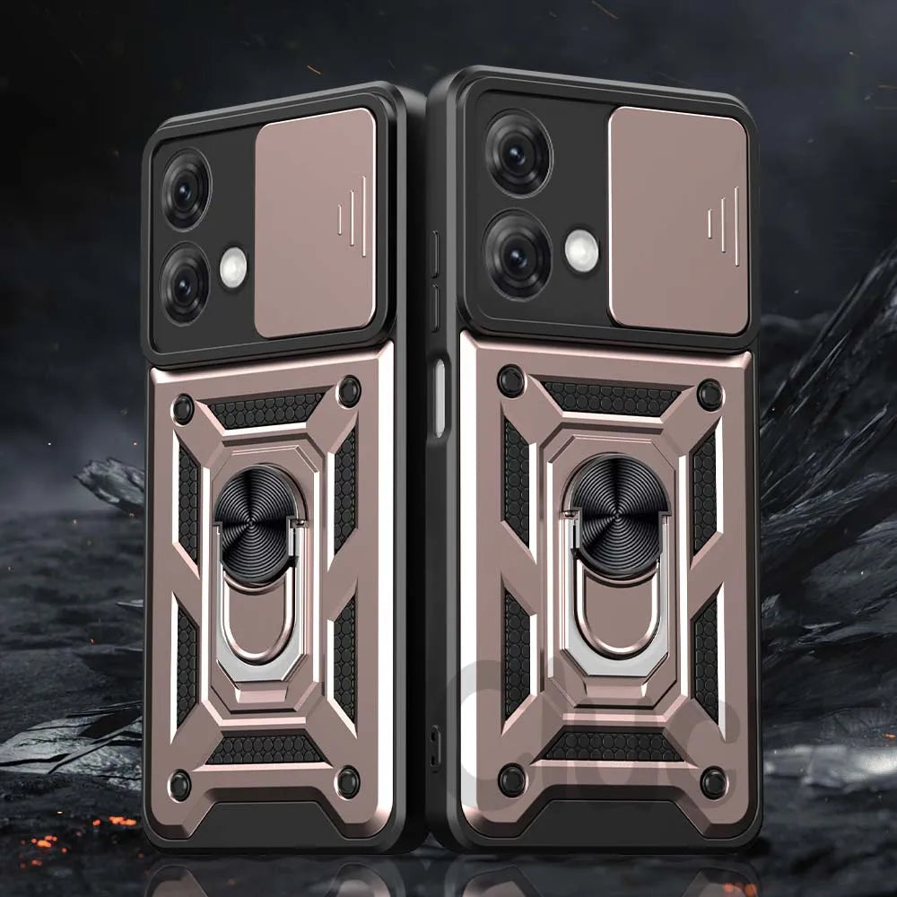 Two metallic phone cases on a dark, textured background