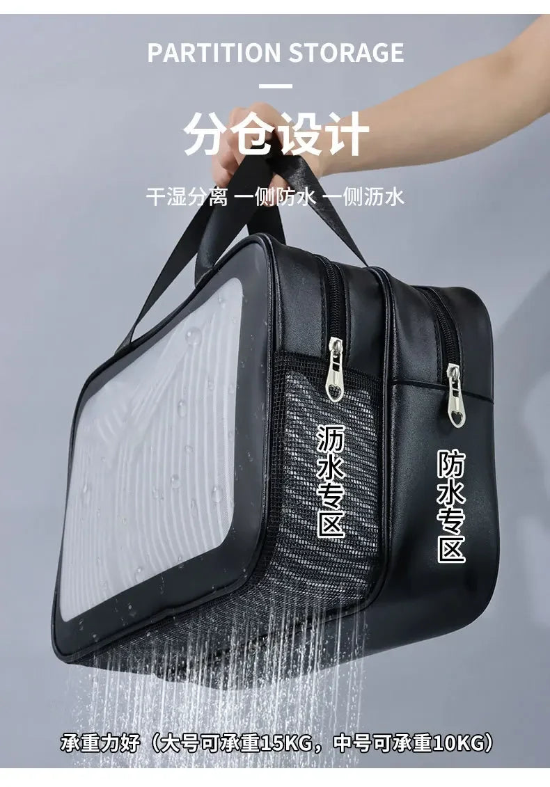 Black partition storage bag with text on a gray background